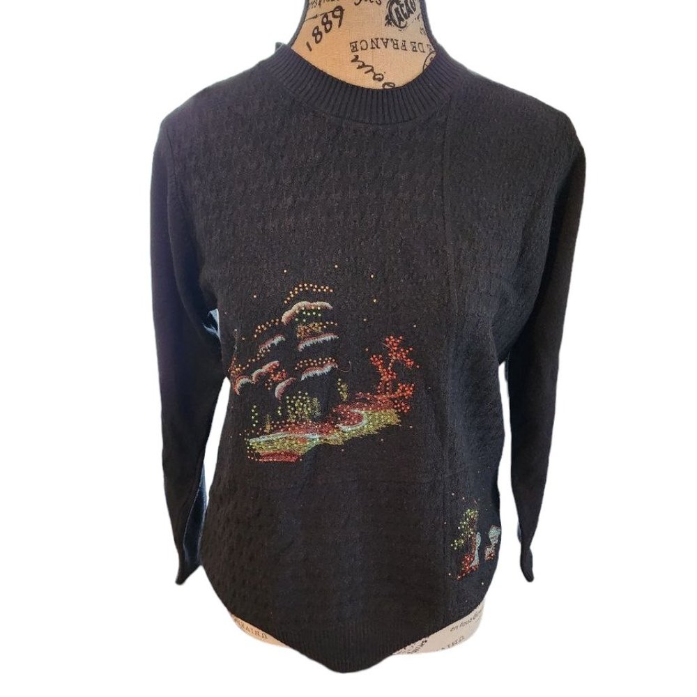 Angela Sweater Women's Size 2 Black Long Sleeve Crew Neck Embroidery
